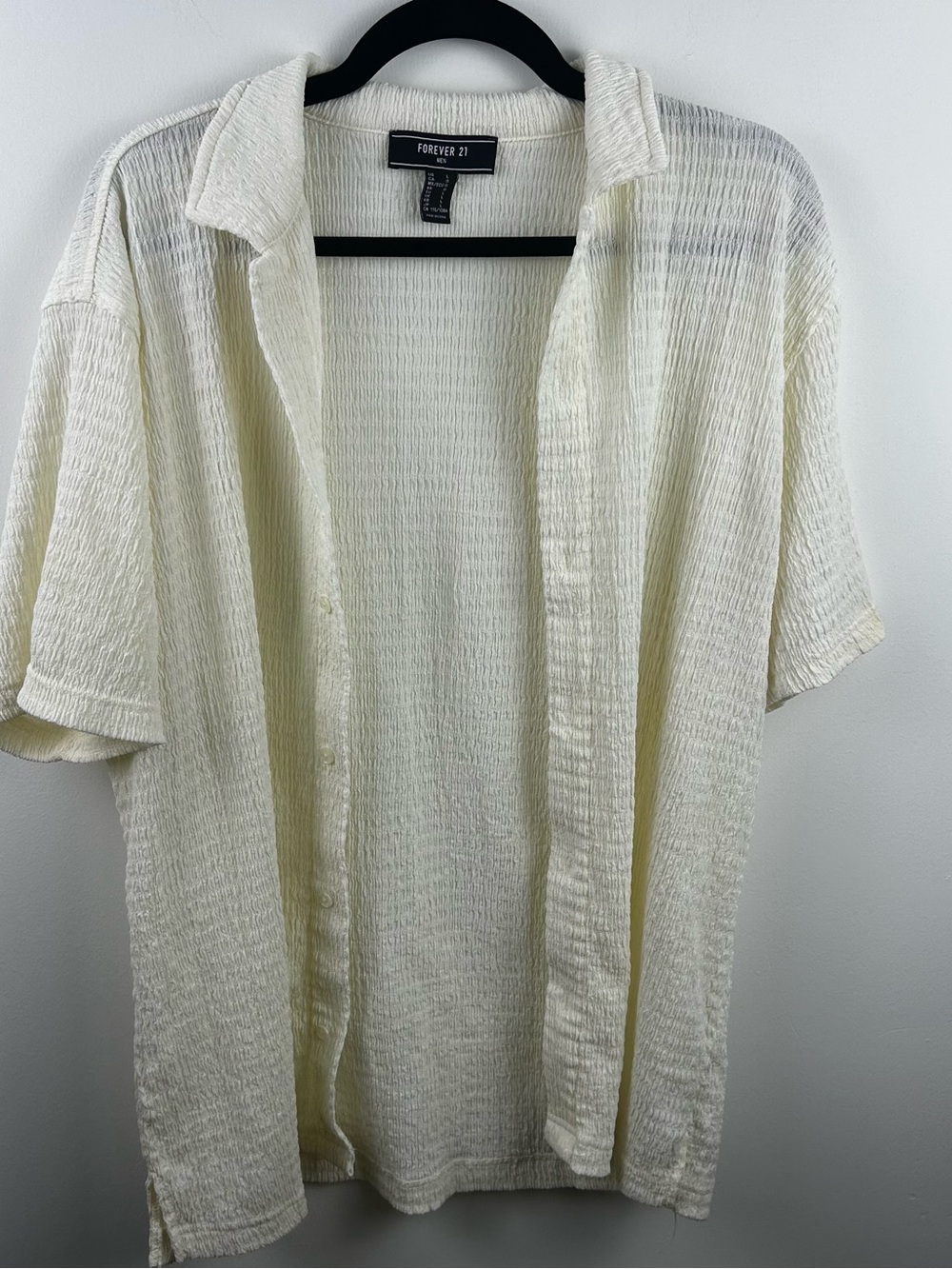 Forever 21 Men Cream Textured Short Sleeve Button-Down Shirt